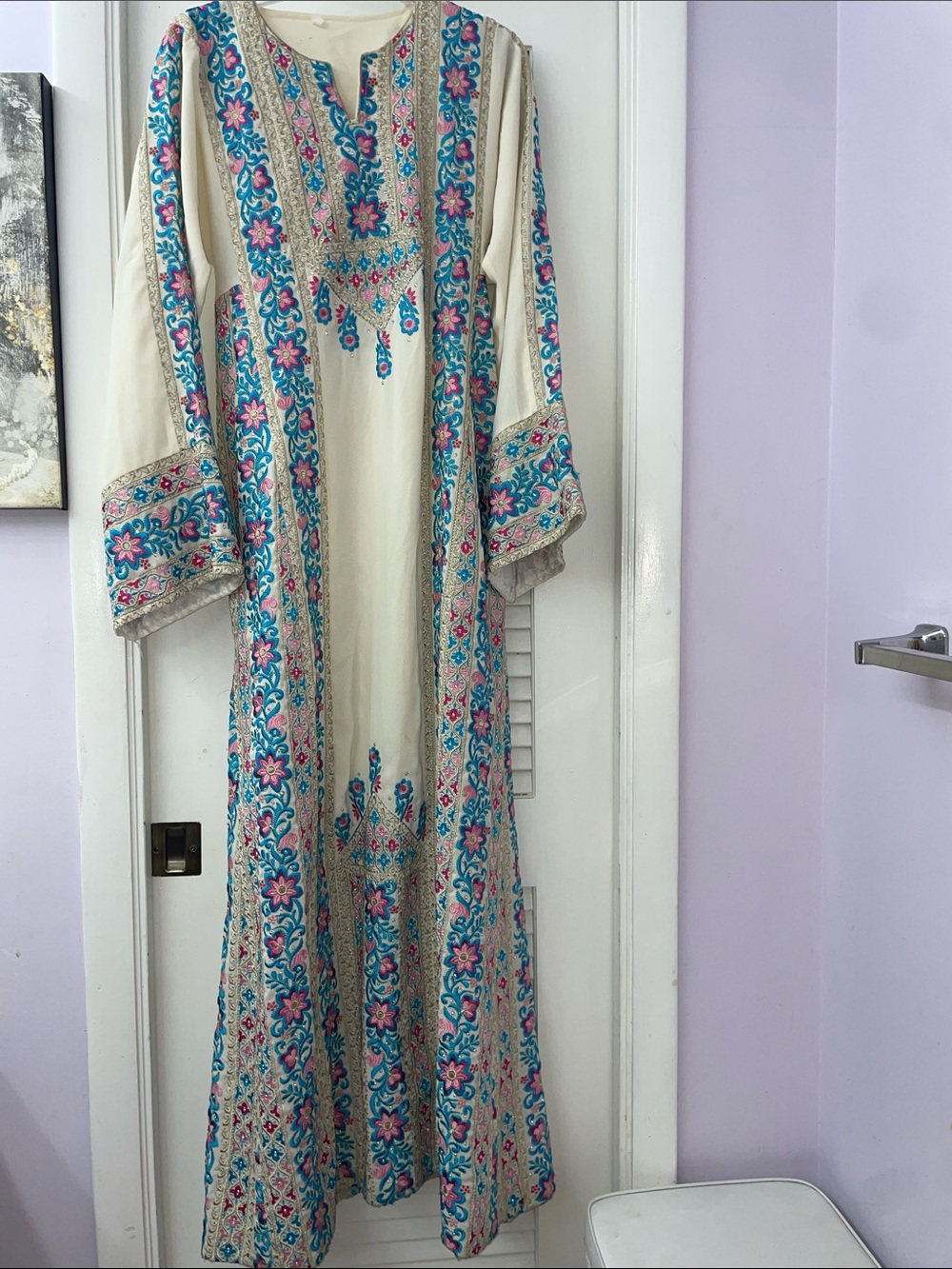 Cream Embroidered Maxi Dress with Blue & Pink Accents